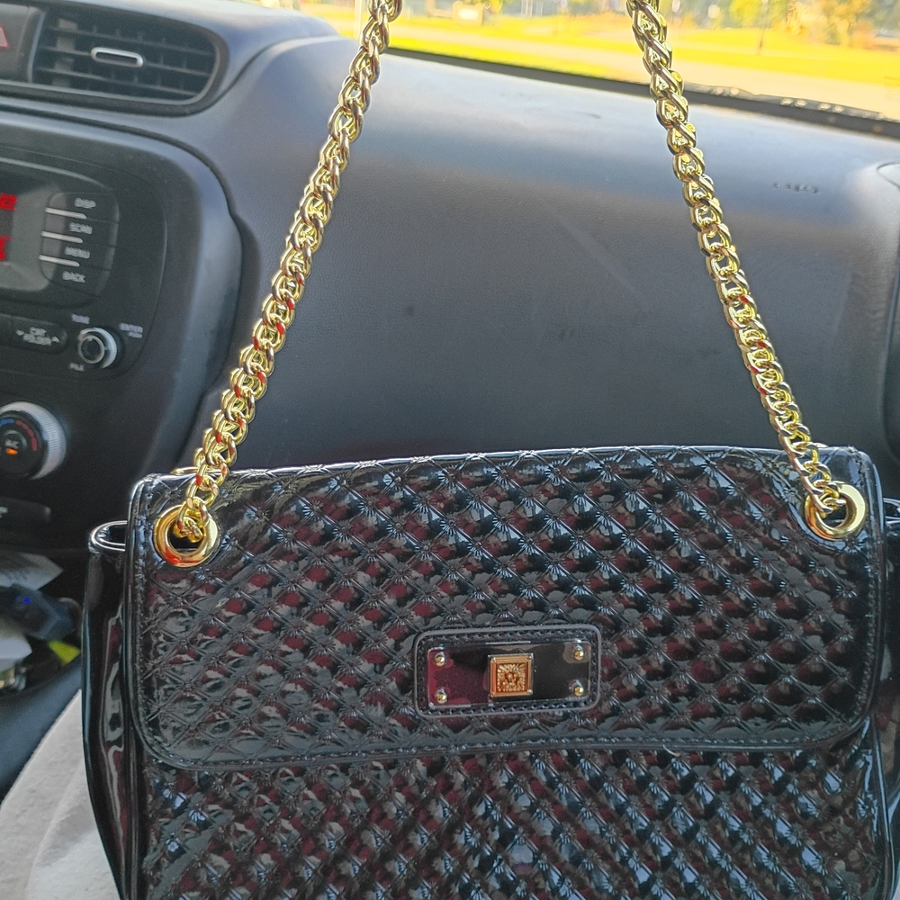 Anne Klein Quilted Black Shoulder Bag with Gold Chain